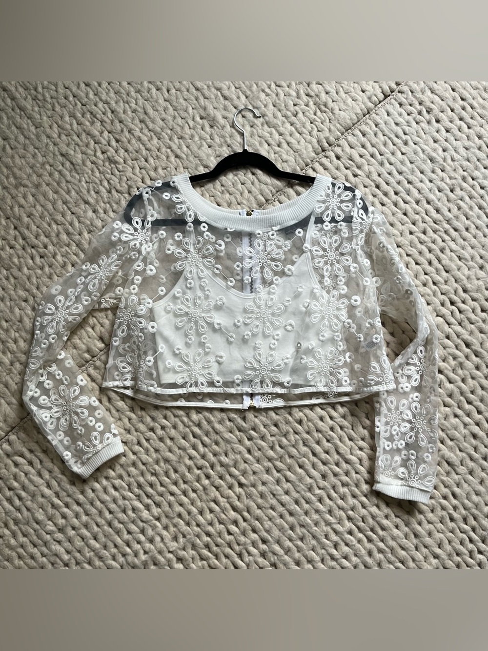 Nasty Gal Sheer White Floral Embroidered Cropped Top | medium